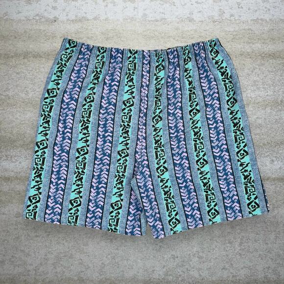 Vintage 90s Surf Style Sweat Shorts Mens L Baggy Wide Leg Blue Cotton Pattern - Picture 2 of 4